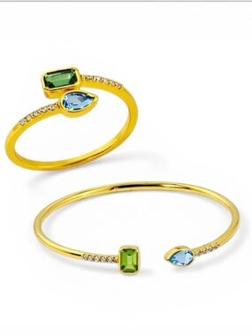 House of Ellure Peridot /Blue Topaz /Gold/Sterling 925 Cuff Bracelet & Ring NWT